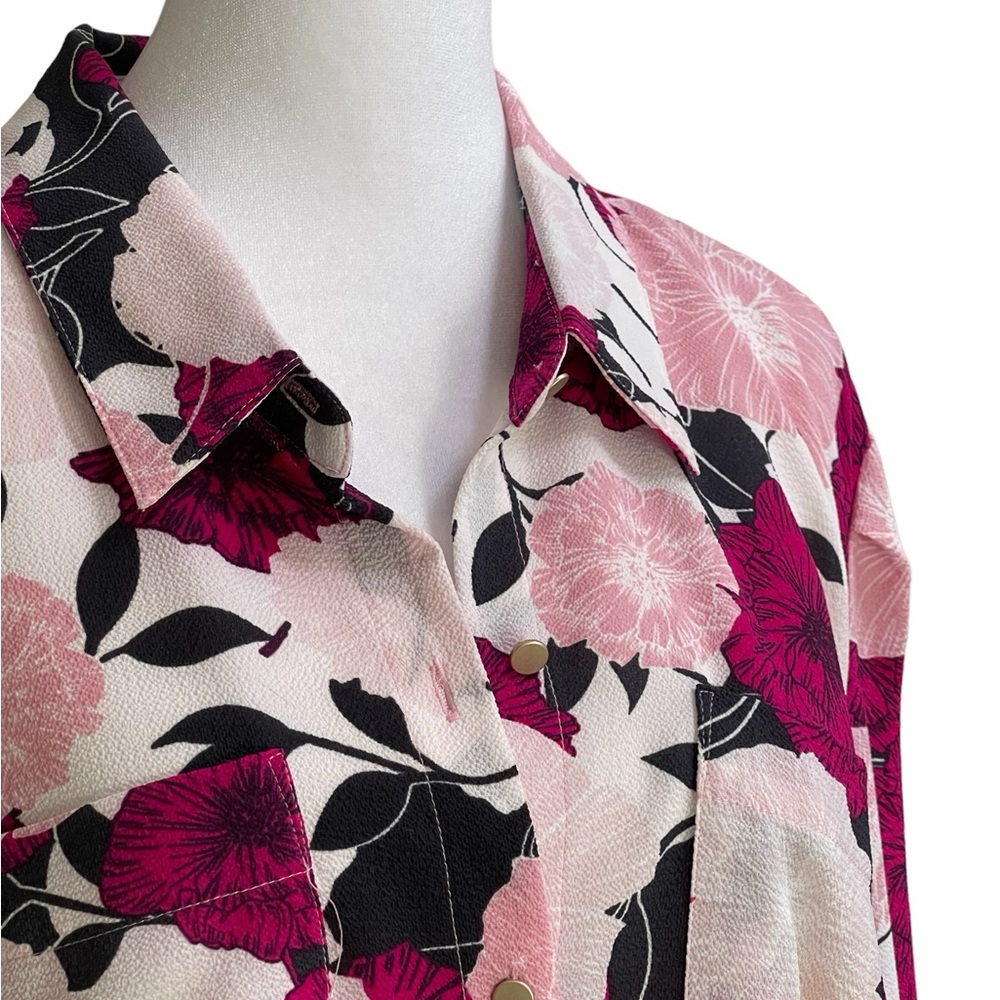Jones New York Pink Hot Pink Black Floral Button Front Blouse Sz XL Pockets - Picture 5 of 16